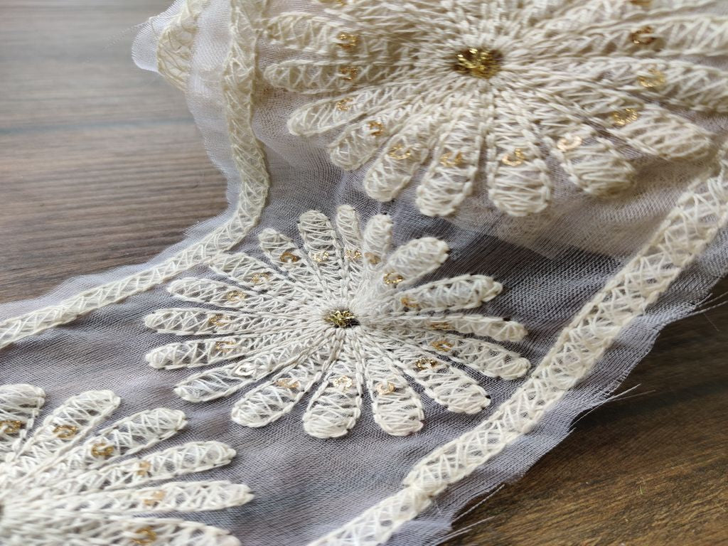 White Floral Lakhnawi Thread and Sequins Work Dyeable Organza Embroidered Border