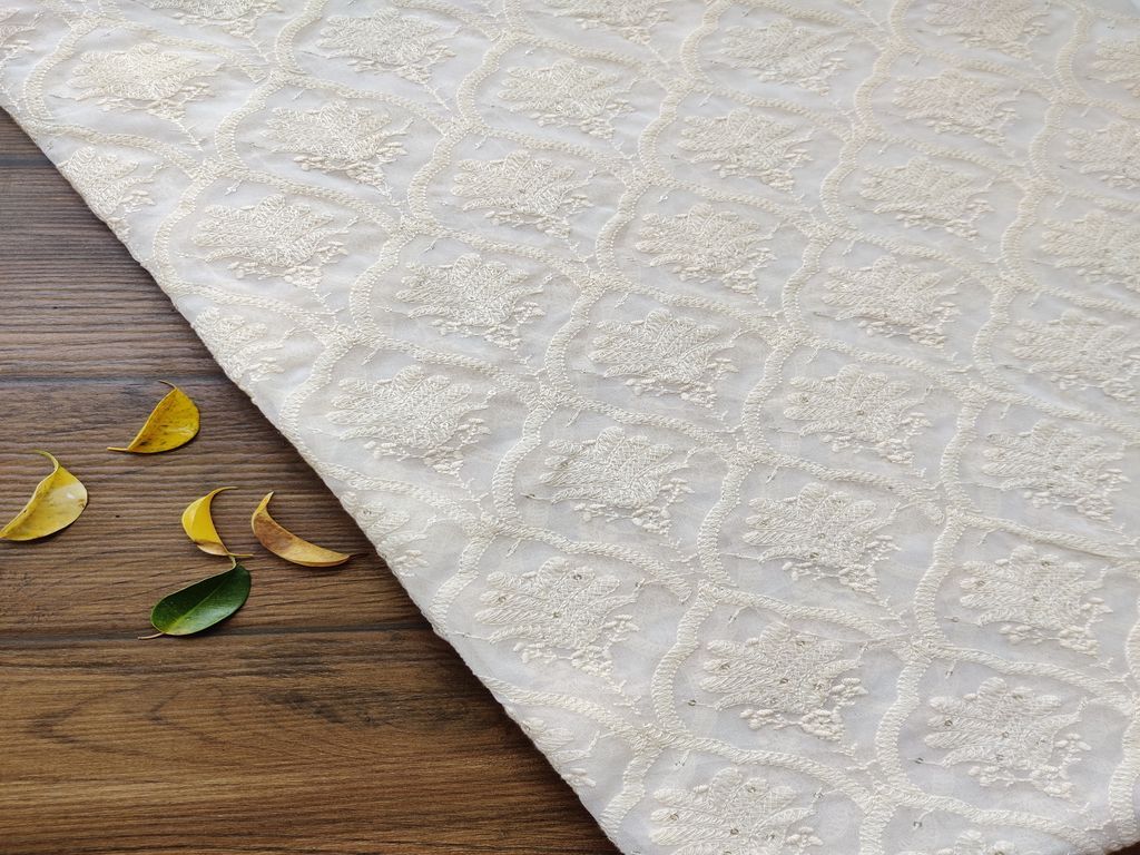 White Sequins Work Lakhnawi Embroidered Georgette Fabric