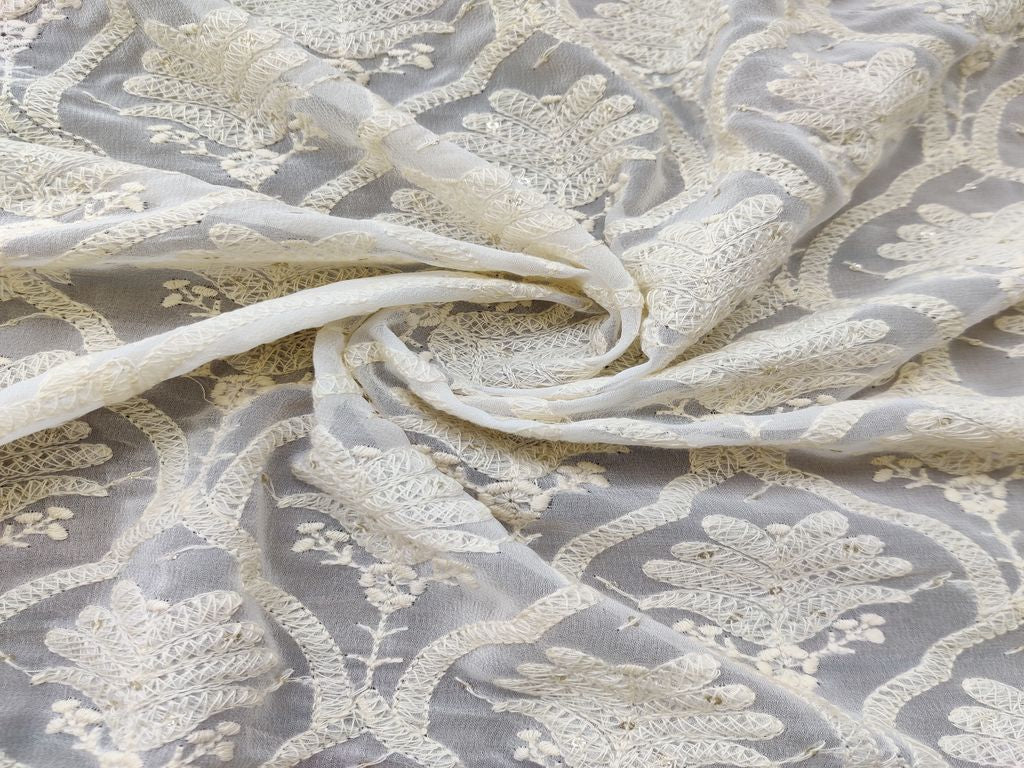White Sequins Work Lakhnawi Embroidered Georgette Fabric