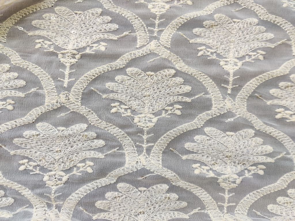 White Sequins Work Lakhnawi Embroidered Georgette Fabric