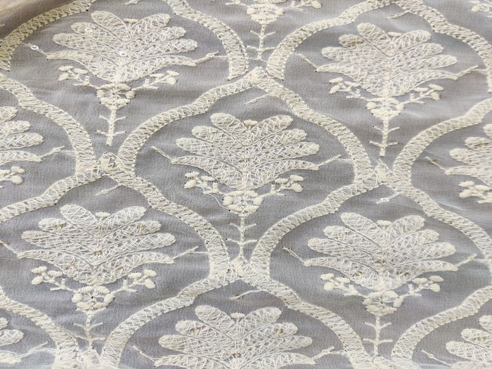 White Sequins Work Lakhnawi Embroidered Georgette Fabric