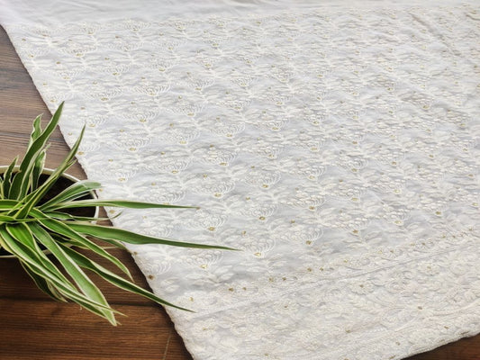White Floral Thread Work Lakhnawi Embroidered Dyeable Georgette Fabric