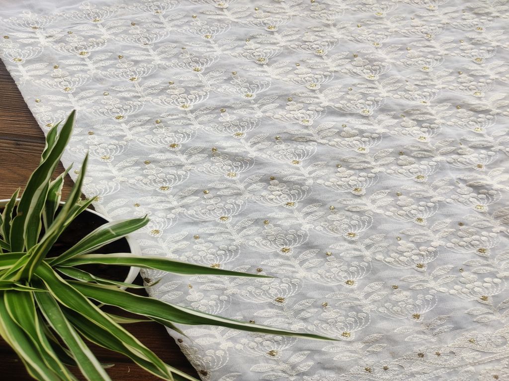 White Floral Thread Work Lakhnawi Embroidered Dyeable Georgette Fabric