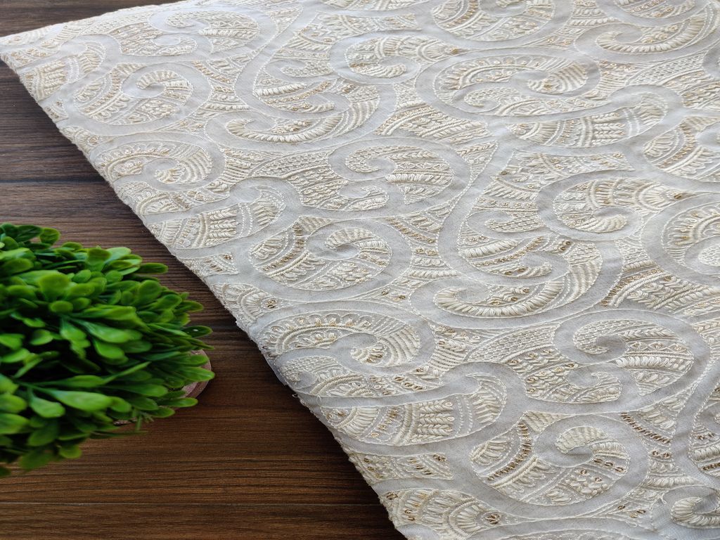 Off White Abstract Lakhnawi Dyeable Georgette Fabric with Glitter Sequins