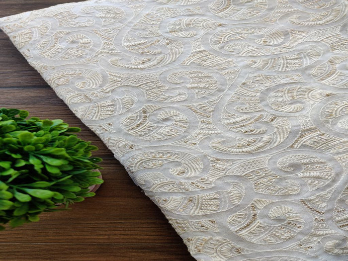 Off White Abstract Lakhnawi Dyeable Georgette Fabric with Glitter Sequins