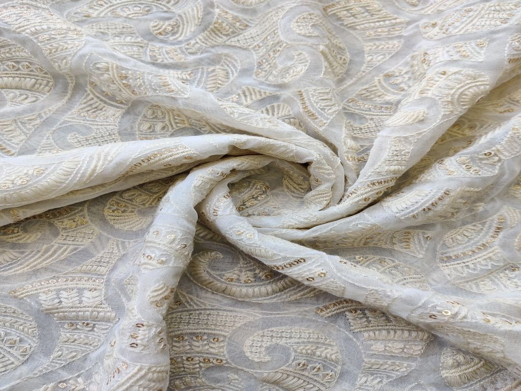 Off White Abstract Lakhnawi Dyeable Georgette Fabric with Glitter Sequins