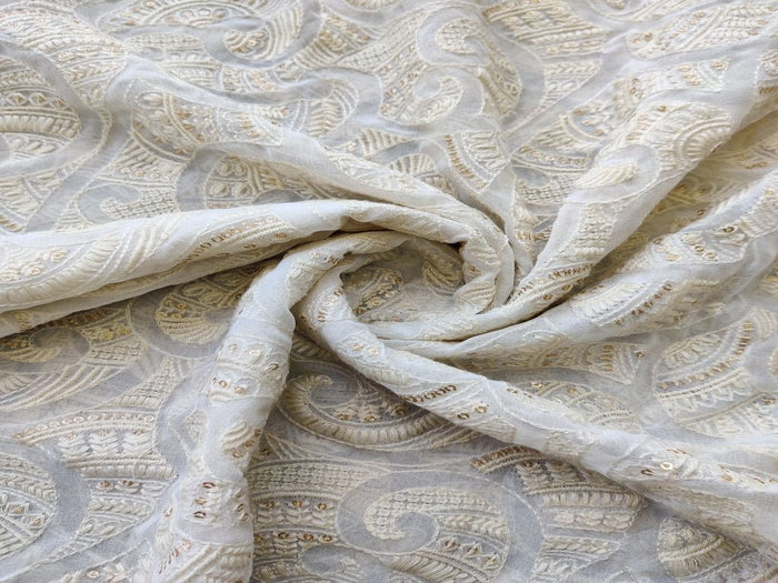 Off White Abstract Lakhnawi Dyeable Georgette Fabric with Glitter Sequins