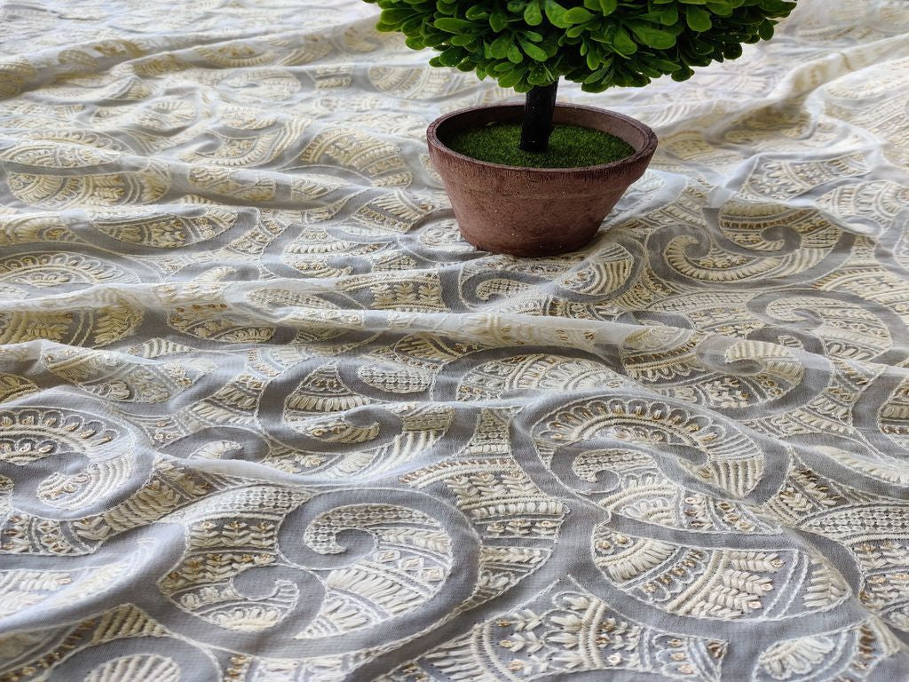 Off White Abstract Lakhnawi Dyeable Georgette Fabric with Glitter Sequins