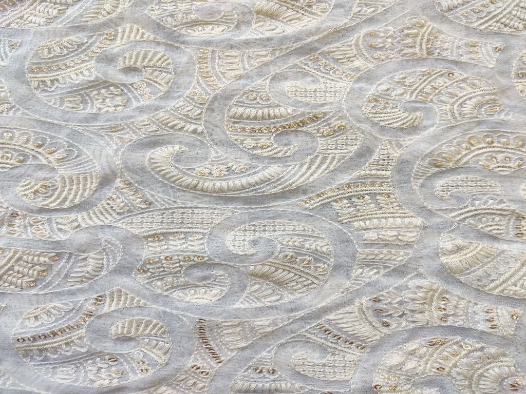 Off White Abstract Lakhnawi Dyeable Georgette Fabric with Glitter Sequins