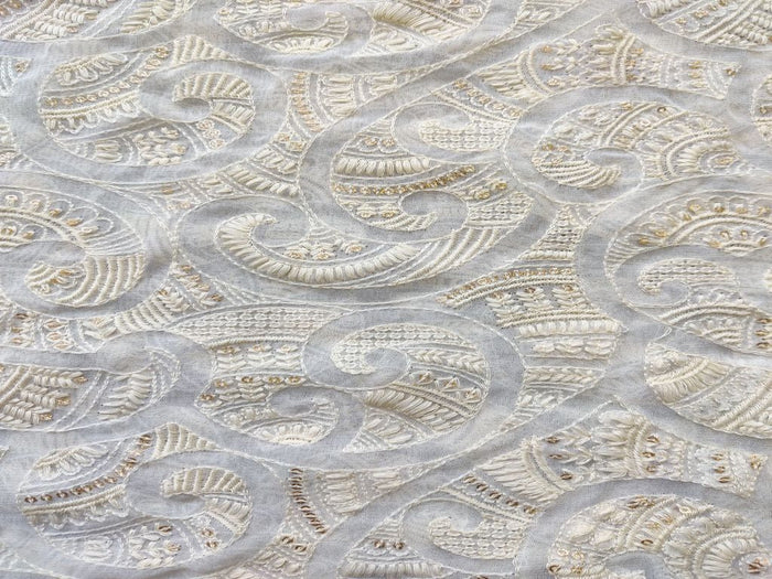 Off White Abstract Lakhnawi Dyeable Georgette Fabric with Glitter Sequins