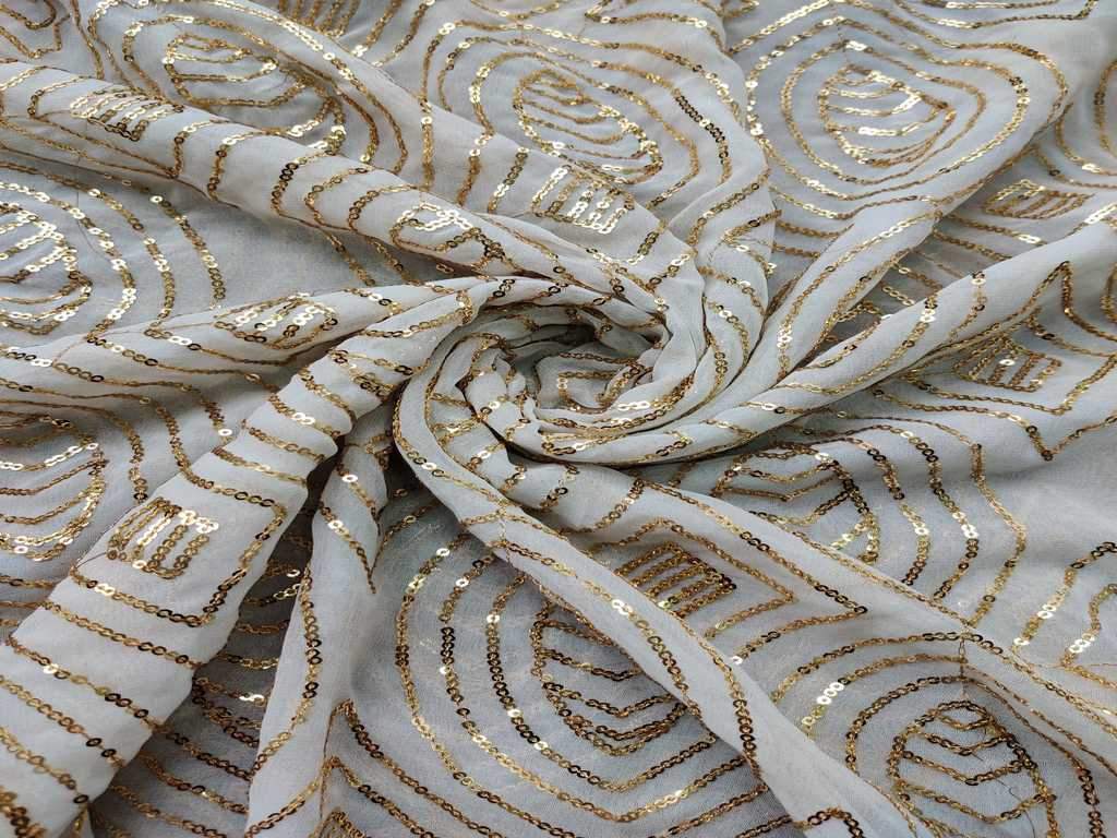 White Sequins Geometric Embroidered Dyeable Pure Georgette Fabric