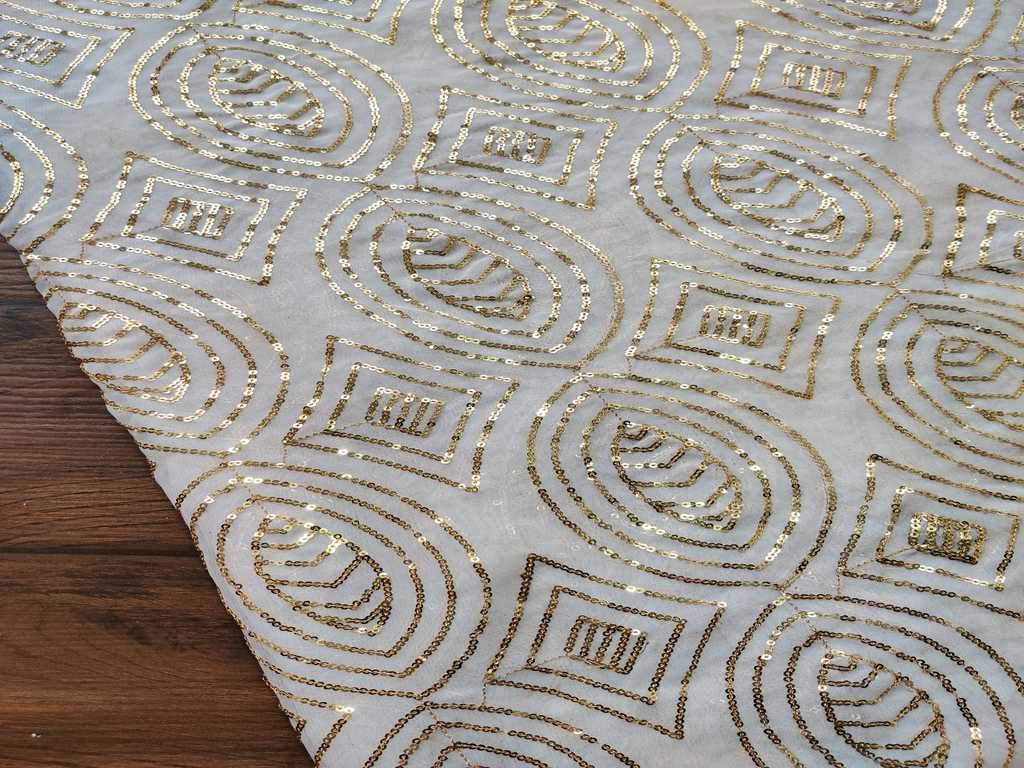 White Sequins Geometric Embroidered Dyeable Pure Georgette Fabric