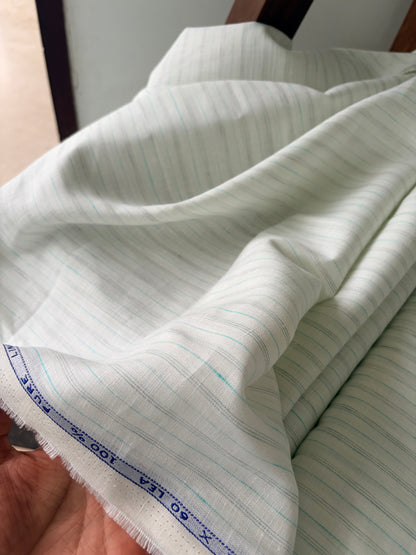 Premium White Pure Linen Fabric with Grey & Aqua Pinstripes – 100% Pure Linen Fabric – 60 Lea(0% Cotton)