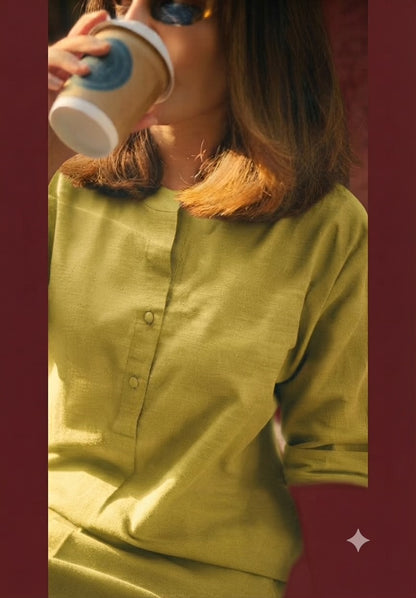 Premium Olive- Yellow  with melange Glow 100% Pure Linen 60 Lea Fabric(0% Cotton)
