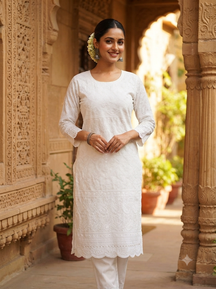 Chikankari Embroidered White Cotton Fabric with Sequins work