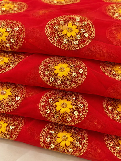 Red Embroidered Net Fabric with Golden Dori, Sequins & Yellow Thread Work