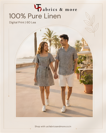 Charcoal Grey Leaf Line-Art Digital Print 100% Pure Linen Fabric 60 Lea (0% Cotton)