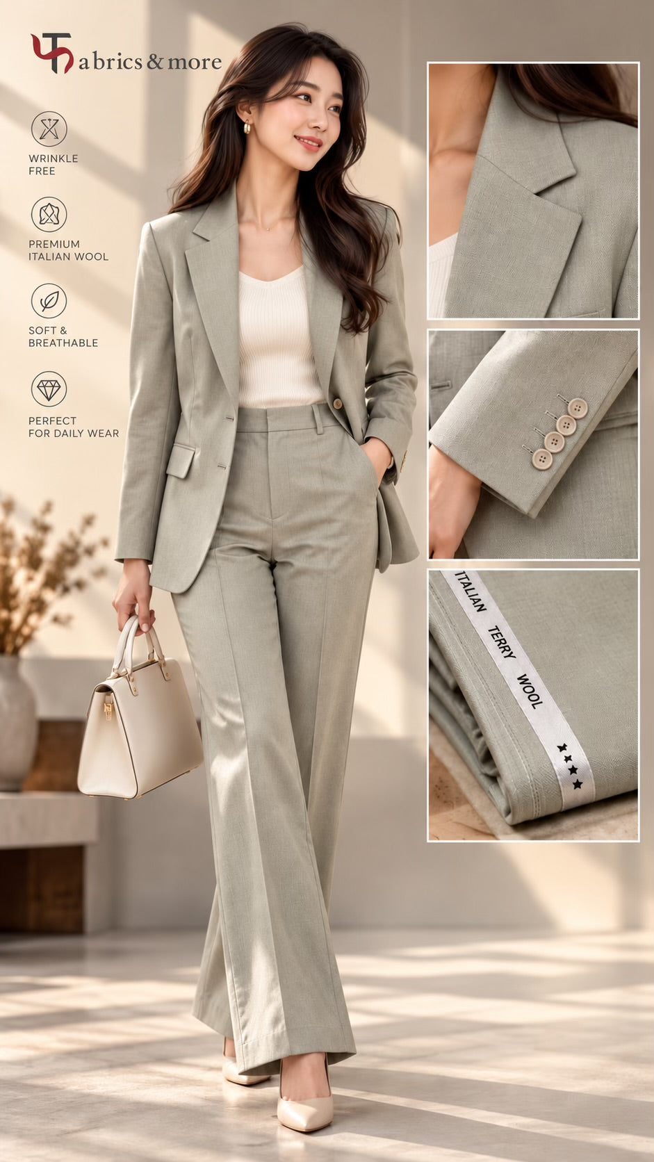Imported Korean Terry Wool by Johan & Martin – Wrinkle-Free Premium SAGE GREY Suiting Fabric