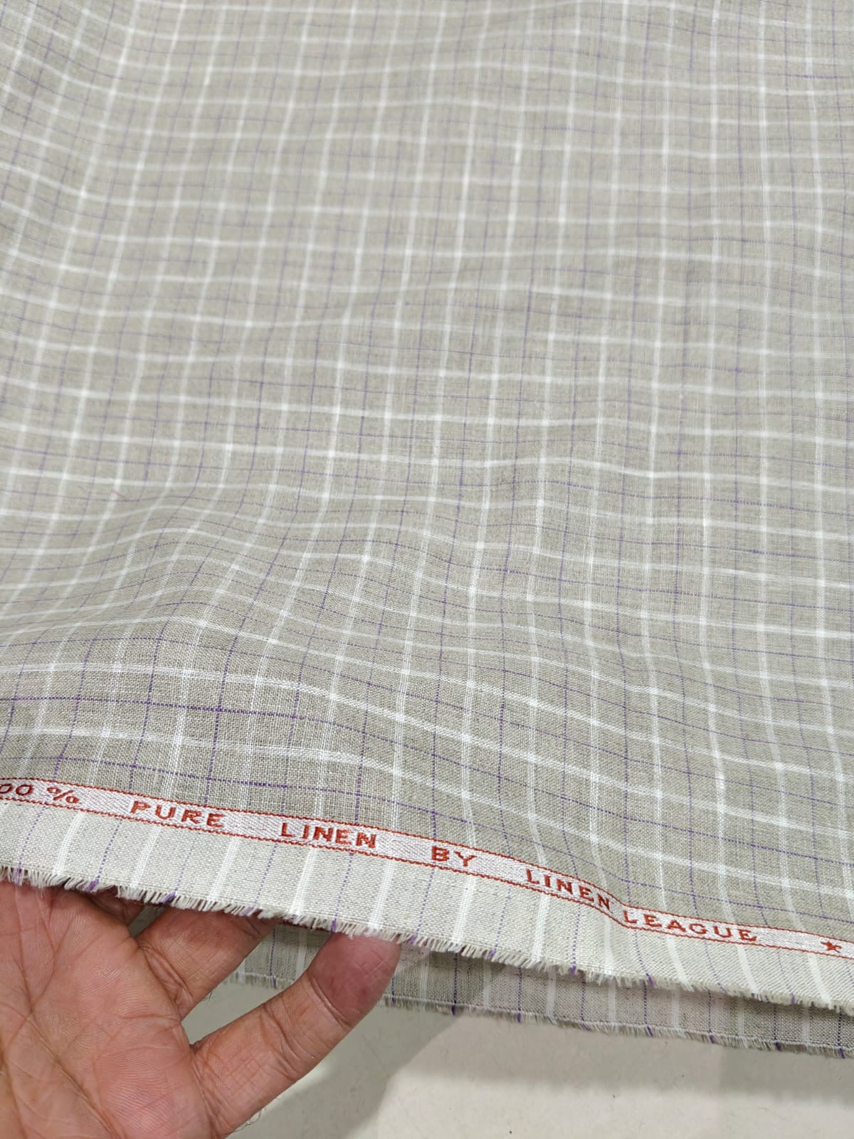 Natural Flax 100%Pure Linen 60 Lea Check Fabric – White & Purple Windowpane(0% Cotton)