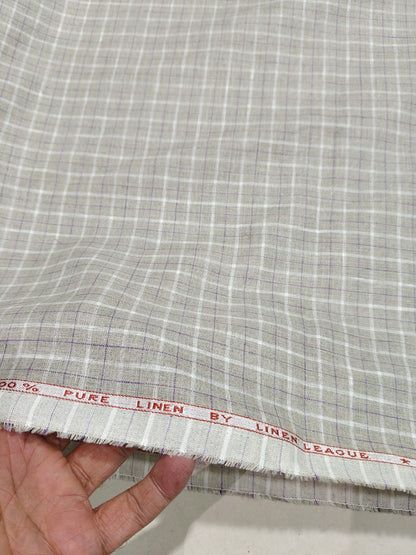 Natural Flax 100%Pure Linen 60 Lea Check Fabric – White & Purple Windowpane(0% Cotton)