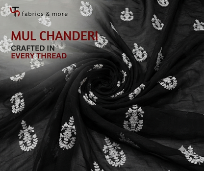 Black with White Dori Embroidered Motifs Mul Chanderi Fabric