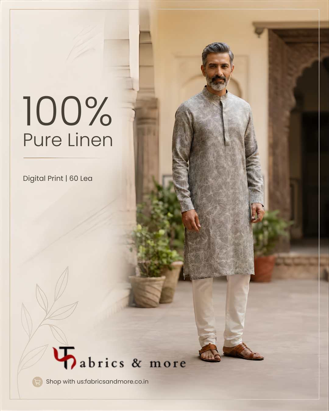 Charcoal Grey Leaf Line-Art Digital Print 100% Pure Linen Fabric 60 Lea (0% Cotton)