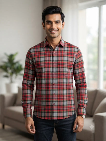 Red Grey Tartan Plaid Spun Poly Fabric