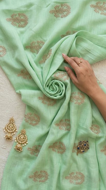 Mint Green Chanderi Fabric with Delicate Golden Cord Embroidery