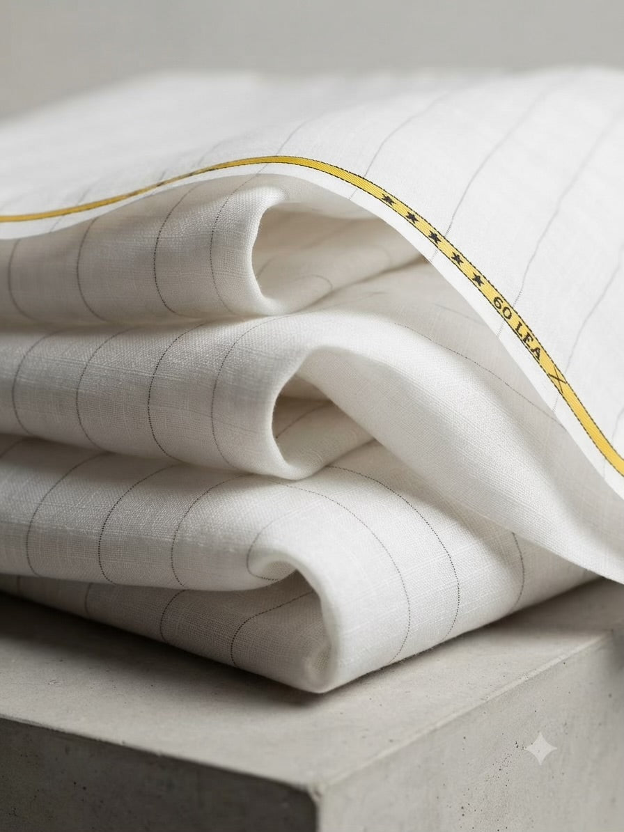 Premium White 100 %Pure Linen 60 Lea Fabric with Herringbone Stripes & Grey Pinstripes (0% Cotton)