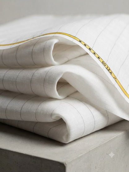 Premium White 100 %Pure Linen 60 Lea Fabric with Herringbone Stripes & Grey Pinstripes (0% Cotton)