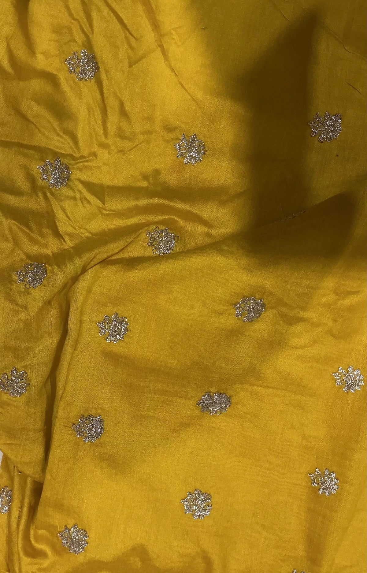 Rich Mustard Yellow  Malai Chanderi Fabric with Glitter Light Golden Dori Embroidery