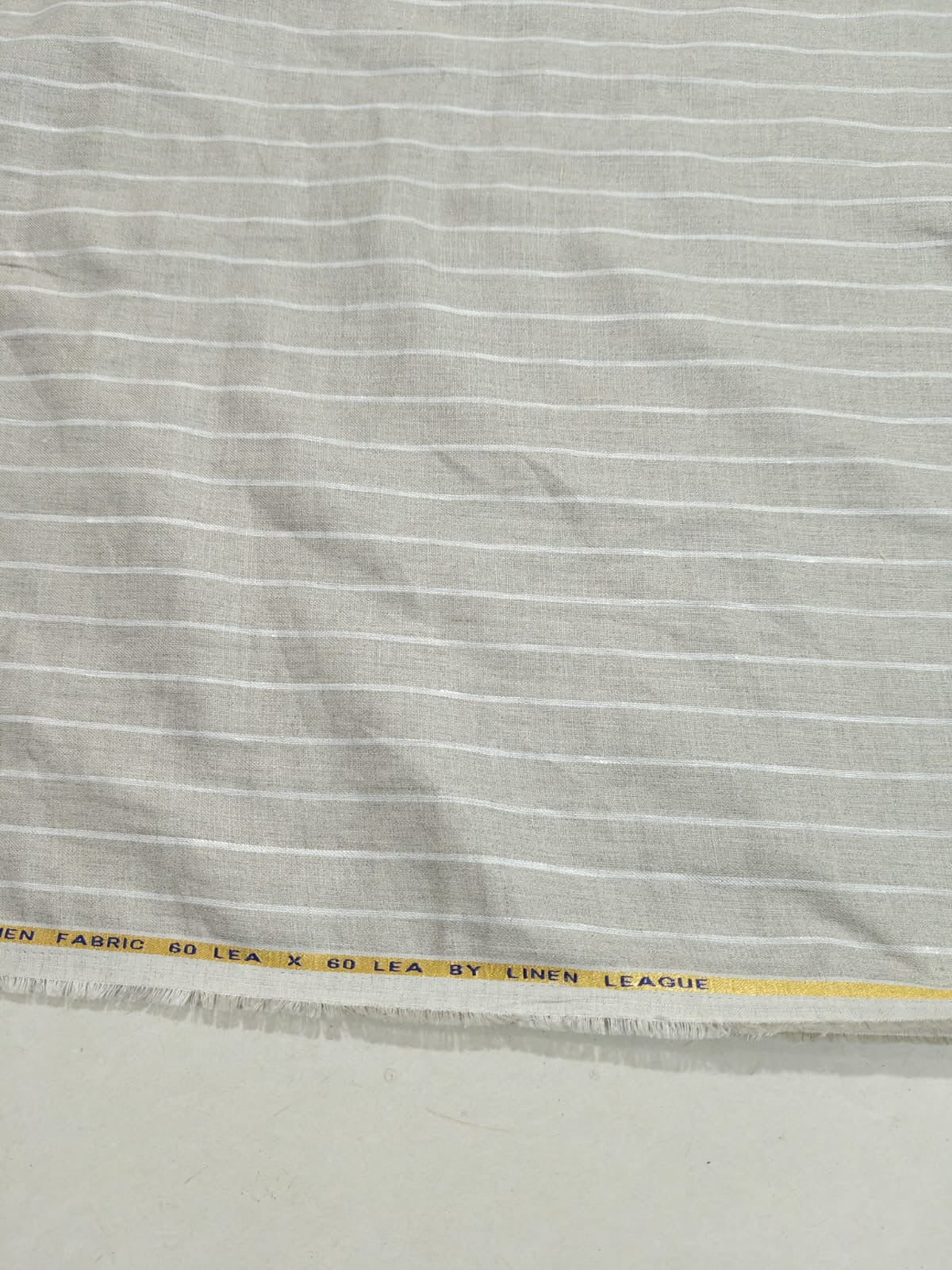 Premium Natural Grey 100%Pure Linen 60 Lea Fabric with White Stripes (0% Cotton)