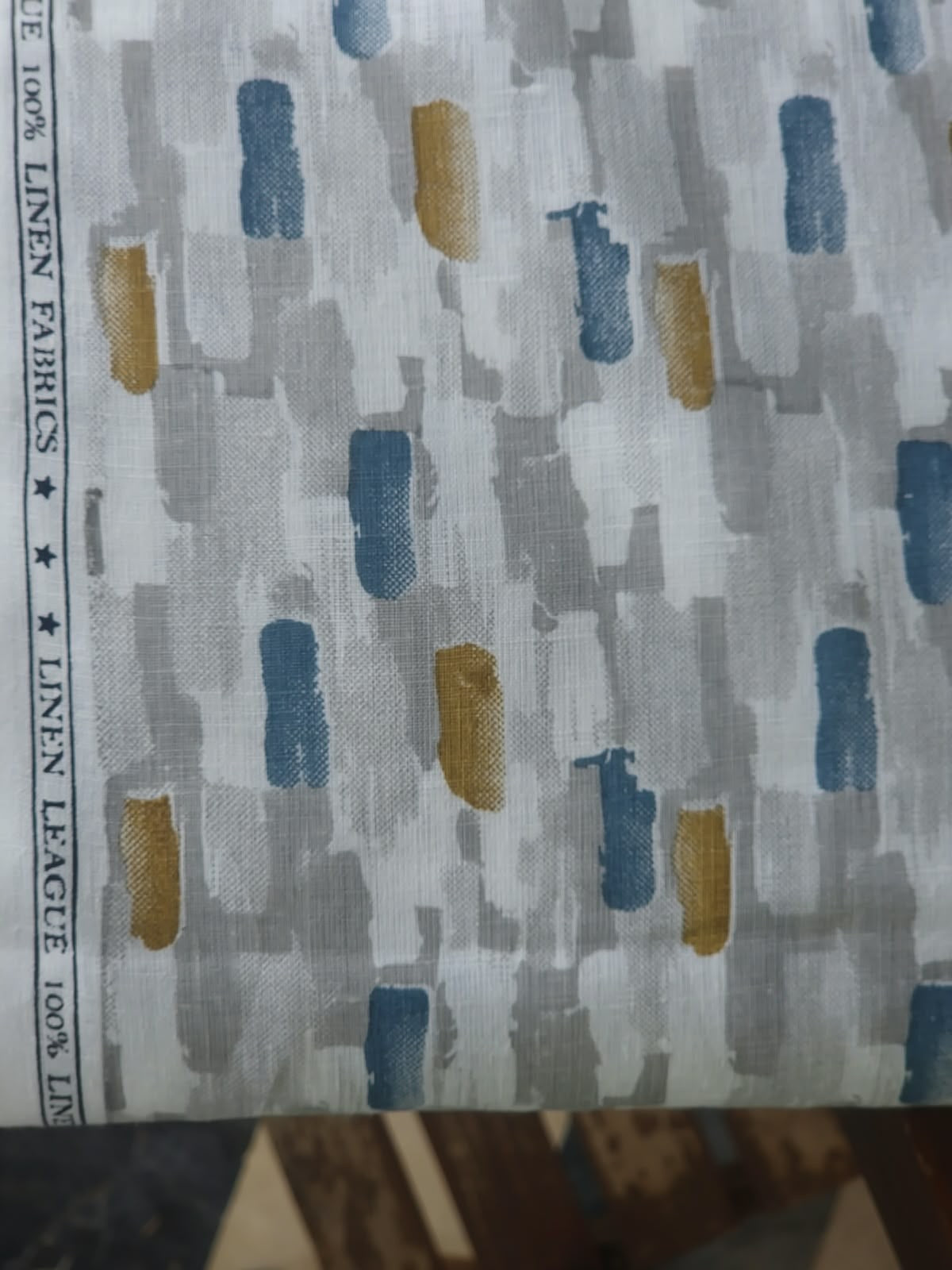 Blue & Mustard Abstract Brush Stroke Printed 100% Pure Linen Fabric 60 lea(0% Cotton)