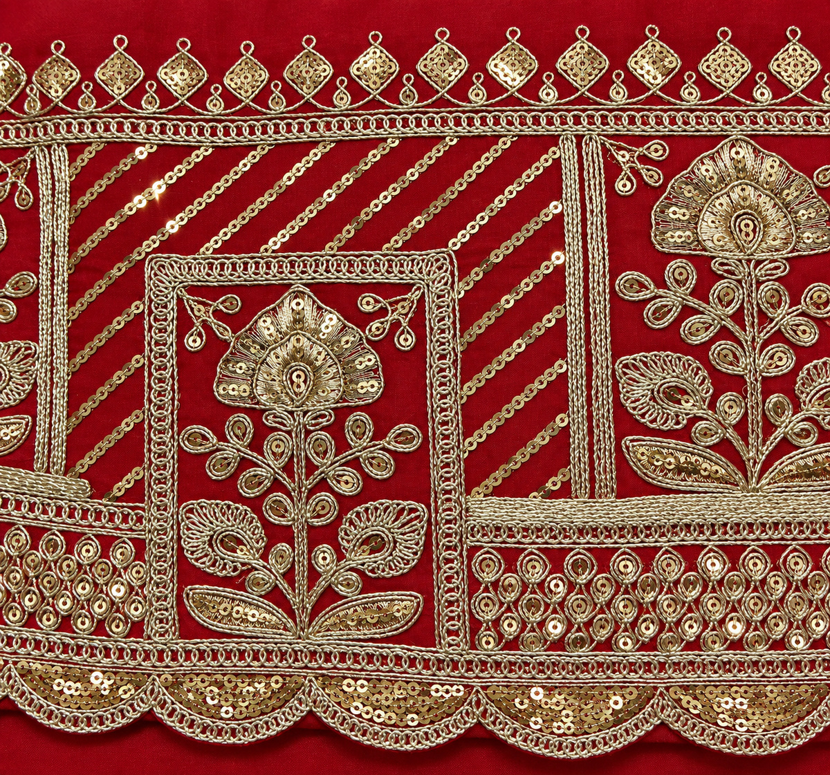 Heavy Light Golden Embroidered Border on Red Mul Chanderi Fabric – 6.5 Inches