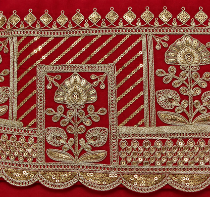 Heavy Light Golden Embroidered Border on Red Mul Chanderi Fabric – 6.5 Inches