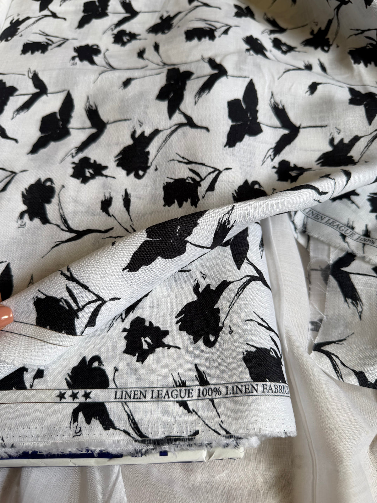 Monochrome Blossom 100% Pure Linen Digital Print Fabric 60 Lea Fabric(No cotton)
