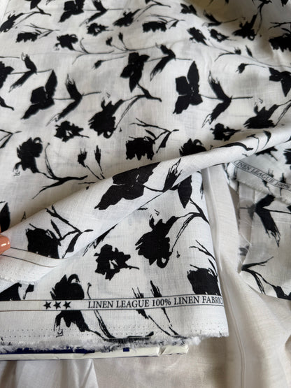 Monochrome Blossom 100% Pure Linen Digital Print Fabric 60 Lea Fabric(No cotton)