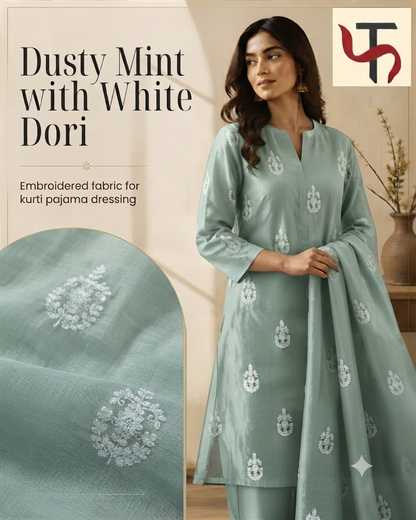 Dusty Mint with White Dori Embroidered Motifs Chanderi Fabric