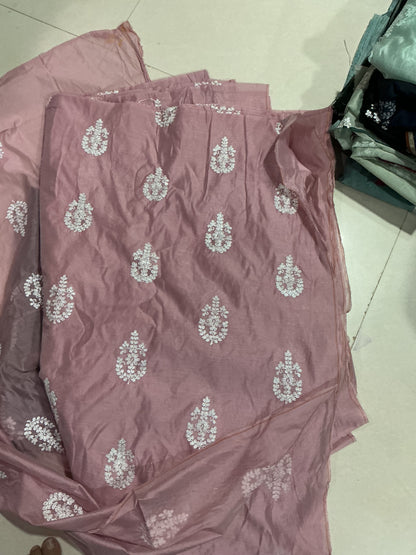 Dusty Pink with White Dori Embroidered Motifs Chanderi Fabric