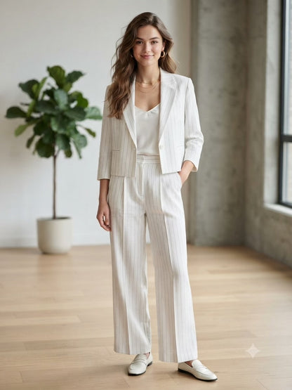 Premium White 100 %Pure Linen 60 Lea Fabric with Herringbone Stripes & Grey Pinstripes (0% Cotton)