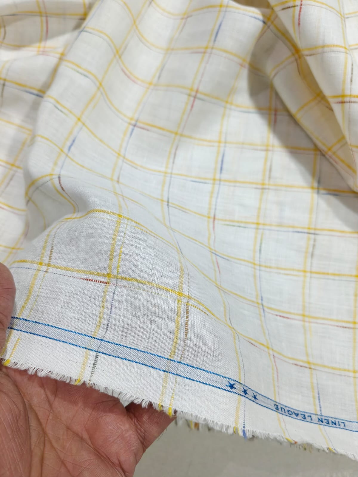 Premium Off-White 100%Pure Linen 60 Lea Fabric with Yellow & Multicolour Checks (0% Cotton)