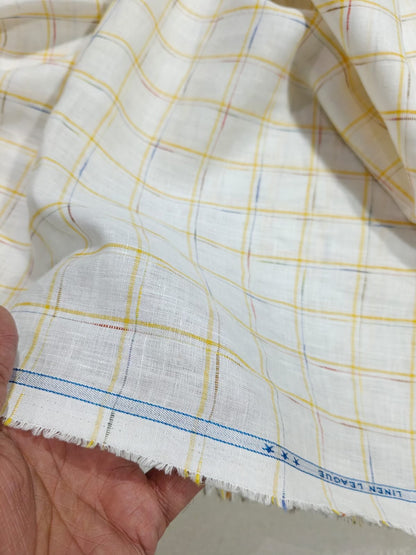 Premium Off-White 100%Pure Linen 60 Lea Fabric with Yellow & Multicolour Checks (0% Cotton)