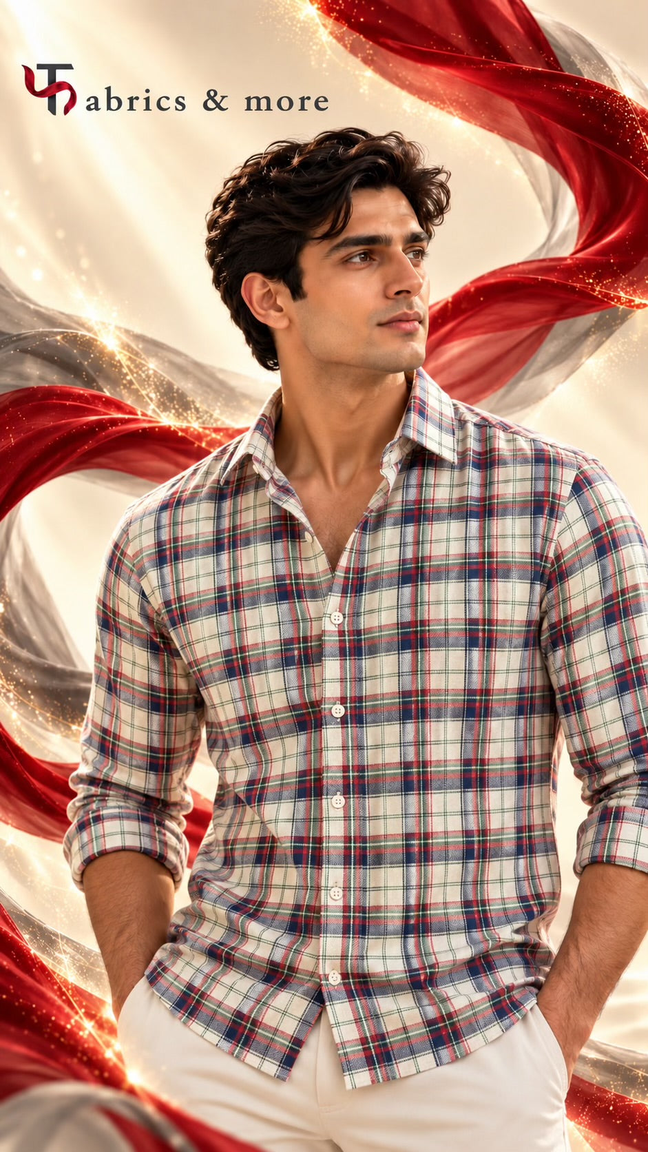 Premium Cream & Multicolour Checked Spun Fabric