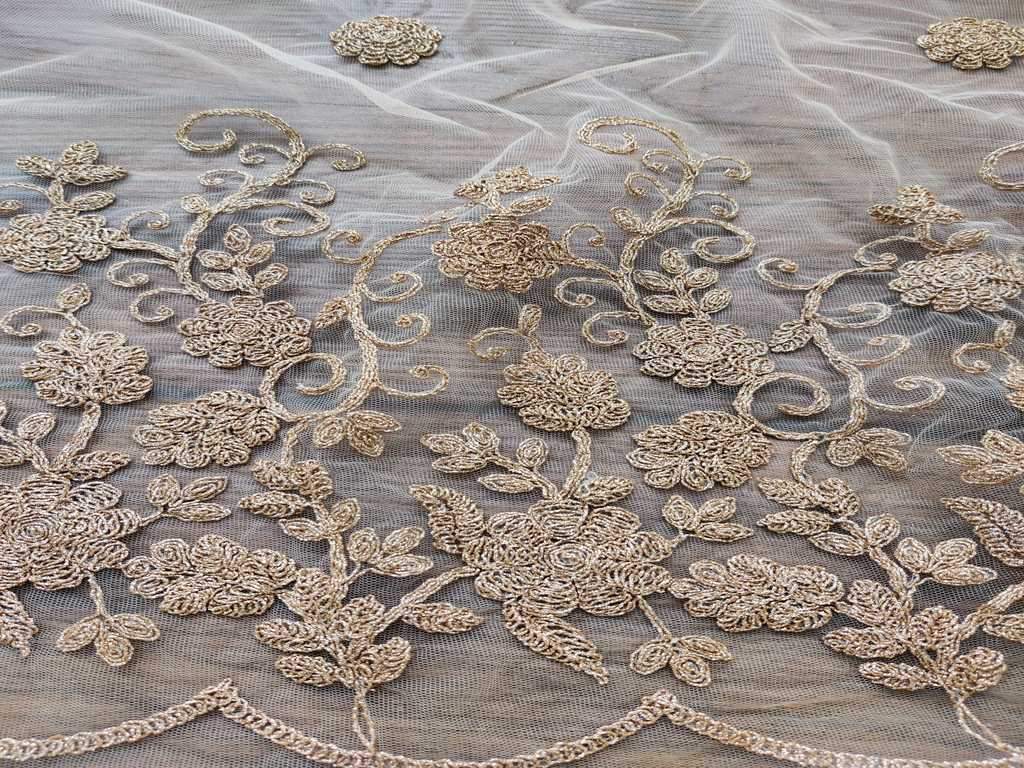 Golden Floral Embroidered Net Fabric