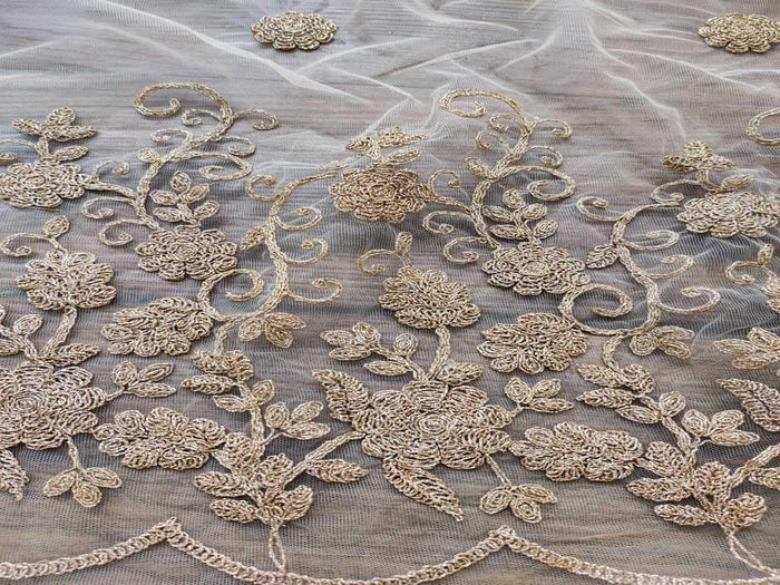 Golden Floral Embroidered Net Fabric
