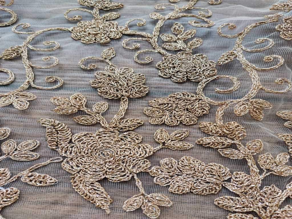 Golden Floral Embroidered Net Fabric