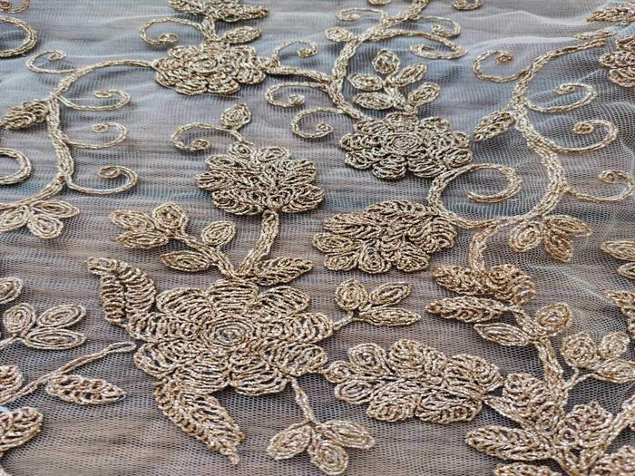 Golden Floral Embroidered Net Fabric