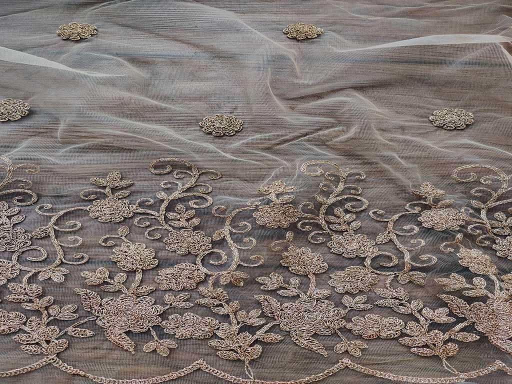 Golden Floral Embroidered Net Fabric