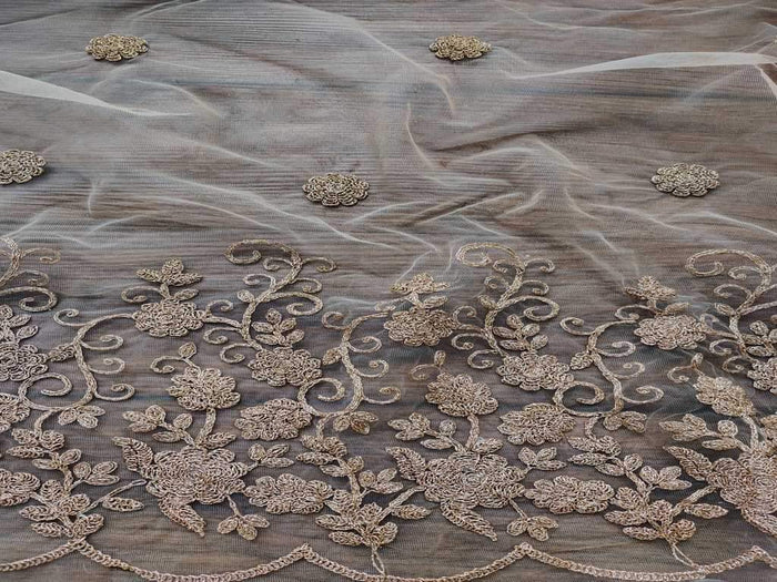 Golden Floral Embroidered Net Fabric
