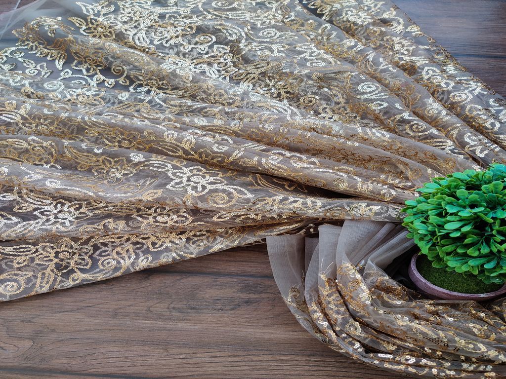 Golden Floral Sequins Heavy Embellished Net Fabric